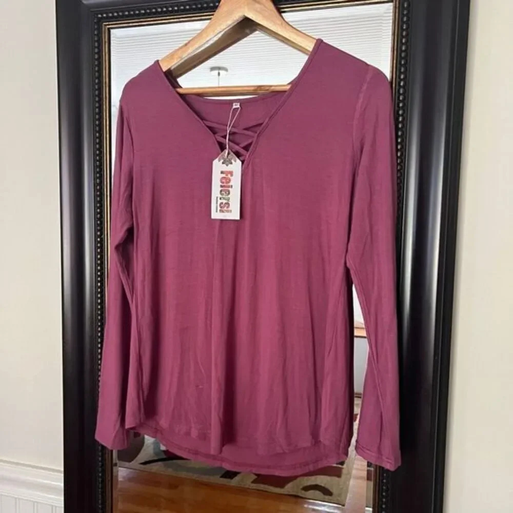 Feiersi Long Sleeve Knit Top Women's Medium Purple Tee